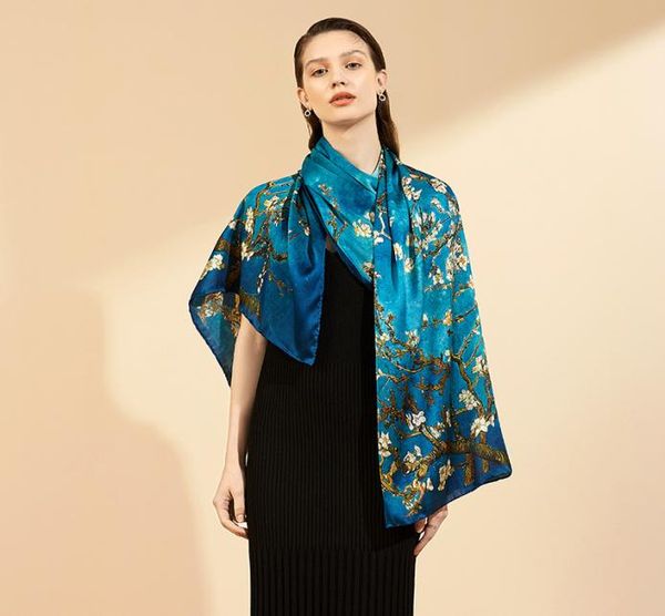 

van gogh oil painting apricot flowers silk scarf women designer tree shawl long bandana foulard femme luxury hijab scarves 180cm4074768, Blue;gray