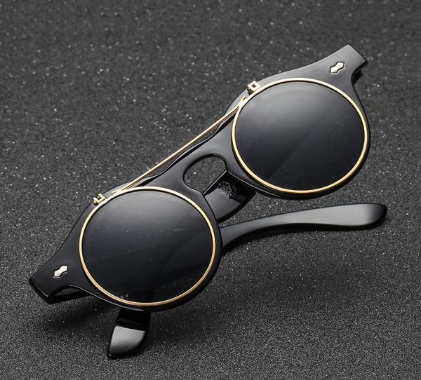 

retro steampunk sunglasses men women classic double flip round sun glasses female steam punk eyeglasses circular eyewear6969349, White;black