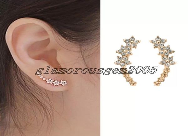 

ladies metal ear studs earrings three small rhinestone flower left and right sides ear hook9705610, Golden;silver