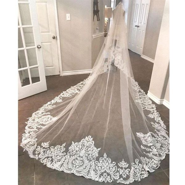 

elegant 2019 new wedding veils 3 meters long cathedral length lace appliqued real image tulle bridal veil with comb239r, Black