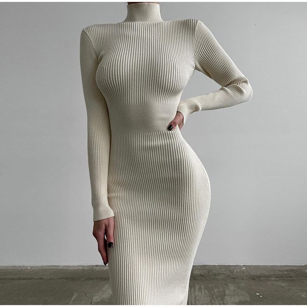 

urban dresses maxi knitted dresses women turtleneck elegant bodycon long sleeve sweater dresses autumn bodycon y2k high waist vestido 230901, White;black