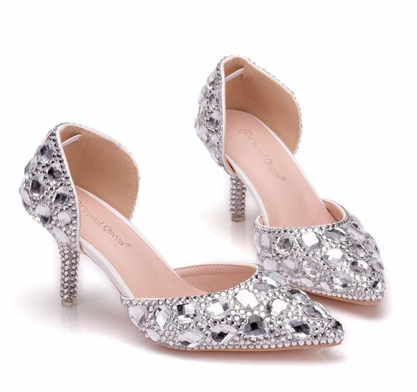 

big size 3541 pointed luxury diamond wedding pumps hollow 75cm thin heels slipon women prom dress shoes4240822, Black