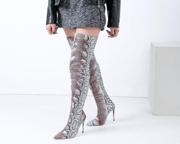 

ladies python thigh high boots pointy toe stiletto heels snake leather long women boots high heels zip shoes woman4843837, Black