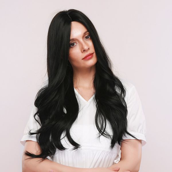 

24 inches black loose wave wigs natural long middle parting without bangs heat resistant hair wigs full wig daily wear