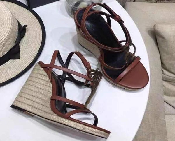 

women sandal designer sandals metal y slope heel women sandal genuine leather brown black leather shoes 3441 with box4280211