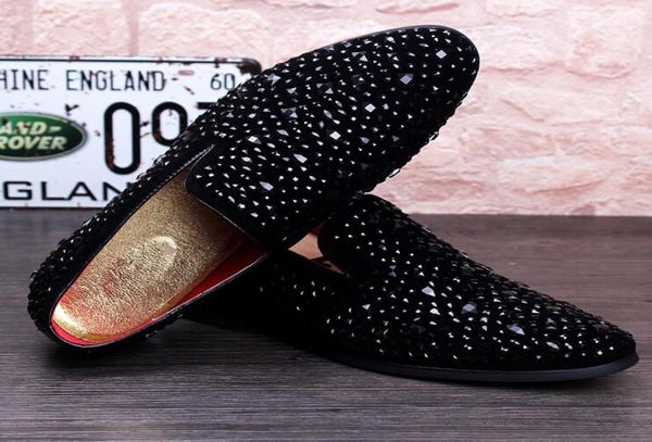 

new dandelion spikes flat leather shoes rhinestone fashion mens loafers dress shoes slip on casual diamond pointed toe shoes9690280, Black