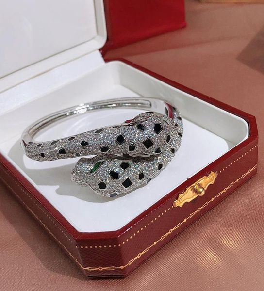 

whole designer double leopard cuff cubic zirconia paved bangle 18k yellow goldwhiterose gold plated bracelets f4345539, Black