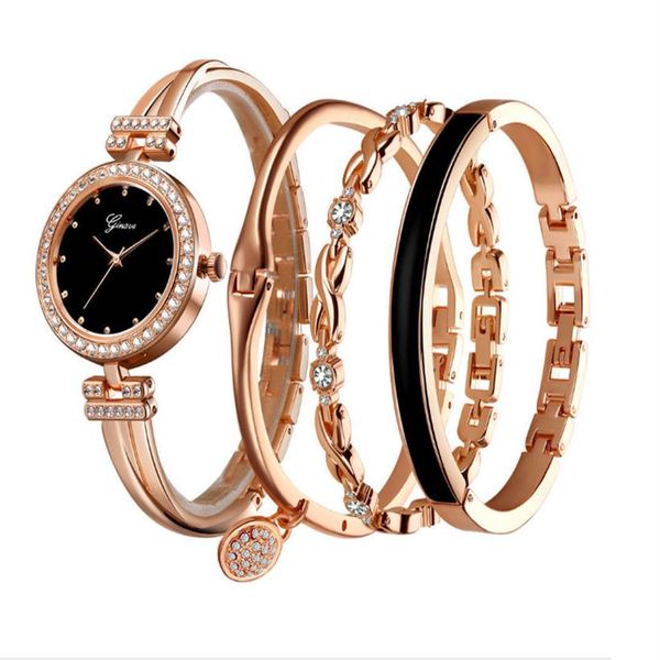 

luxury 4 pieces sets womens watch diamond fashion quartz watches delicate ladies wristwatches bracelets ginave brand214j, Slivery;brown