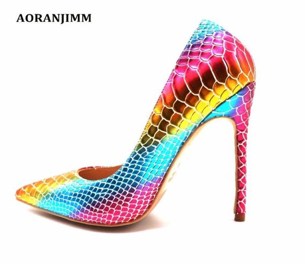 

real pic aoranjimm outstanding colorful python snake pointed toe women lady 120mm 10cm high heel shoes2096541, Black
