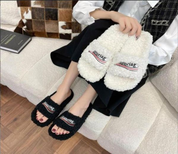 

womens slippers ladies wool slides winter fur fluffy furry warm letters sandals comfortable fuzzy girl flip flop slip1693346, Black