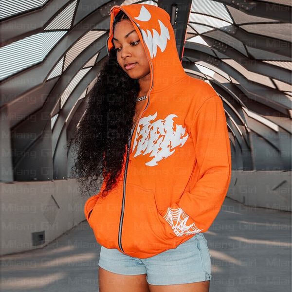 

harajuku y2k pullover autumn hoodie casual zipper jacket winter europe and america new men hip hop sweatshirt devil spider web print street, Black