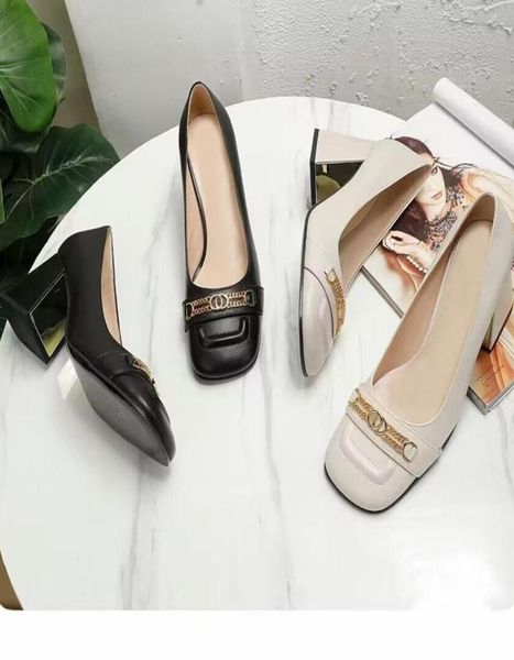 

classic dress shoes high heeled boat shoe designer shoes leather thick heel heels 100 cowhide metal button pointed chain women sh8366793, Black