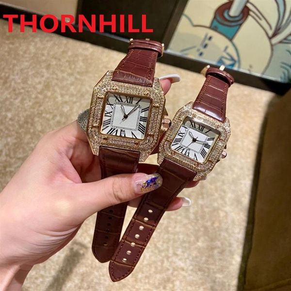 

men women diamonds ring watches square roman dial wristwatches leather strap watch super luminous sapphire glass montre de luxe295k, Slivery;brown