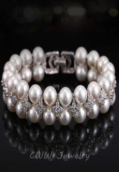 

handmade wedding pearl jewelry double rows cubic zirconia setting big bridal bracelets bangle for women cb1577943971, Golden;silver