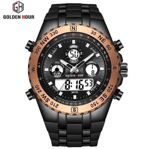 

reloj hombre goldenhour men watch quarzt digital sport watch men erkek kol saati fashion outdoor wrist watch luminous male clock196g, Slivery;brown