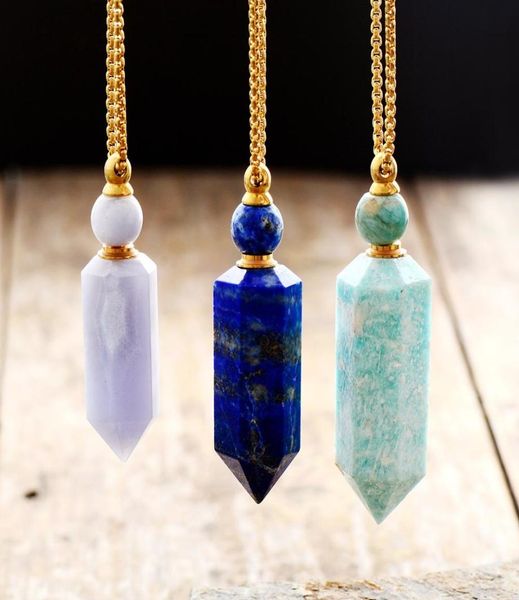 

natural gems stone essential oil diffuser perfume bottle pendant necklace stainless steel jewelry drop 2009281719281, Silver
