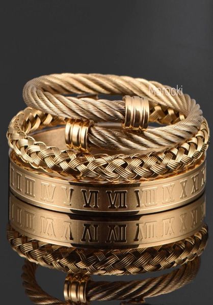 

3pcsset roman numeral bangles men bracelet handmade stainless steel hemp rope buckle open pulseira bileklik luxury jewelry3492735, Black