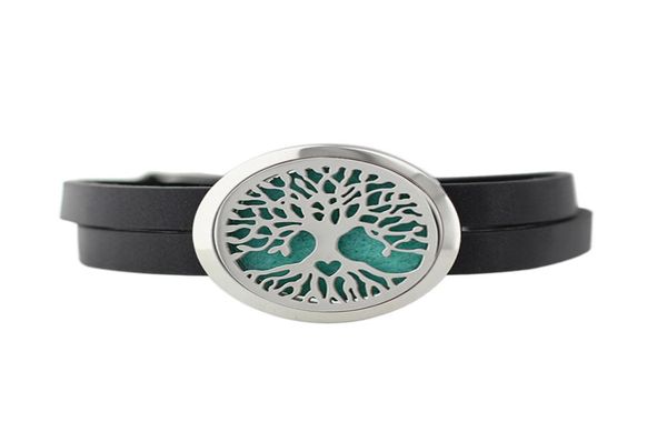 

3 styles life tree 30mm 316l stainless steel perfume essential oil locket black leather bracelet with replacement pads2008536, Golden;silver