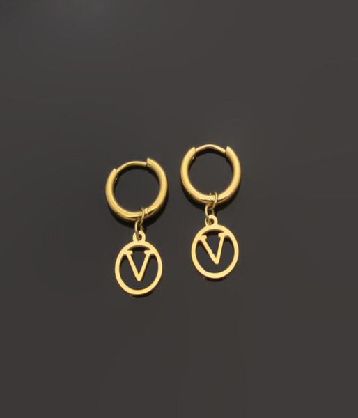 

gold plated women designer studs luxury simple hollow v letter pendant stainless steel earrings party wedding couple j7607383, Golden;silver