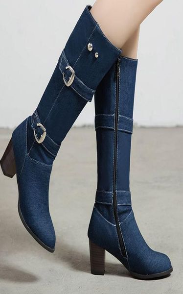 

jean boots women039s long tube short boot winter high heel denim boot lady stylish jeans boots buckle strap shoes cowboy7560927, Black