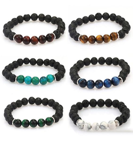

6 designs lava rock beads charms bracelets natural essential oil diffuser elastic bracelet volcanic rock beaded hand strings men b6183295, Black