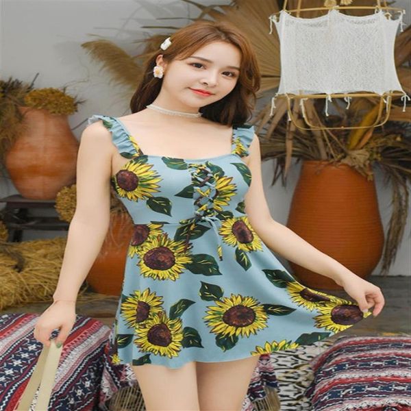 

new swimsuit women conservative one piece skirt style pants to cover the belly to show small breasts gathered bubble spring sw239l