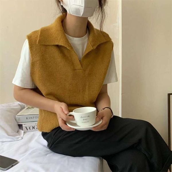 

polo collar womens vests short sleeved t shirt loose lapel knitted cashmere wool sweater vest top, Black;white