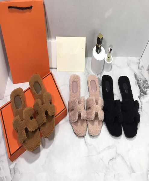 

luxury designers women letter slippers ladies wool slides winter fur fluffy furry letters sandals warm comfortable fuzzy girl flip3370527, Black