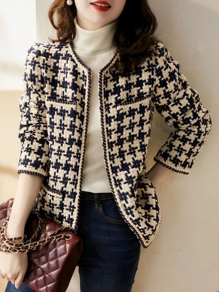 

womens wool blends black women jacket autumn winter fashion korea elegant chic ladies coat plaid long sleeve office lady clothing 230905