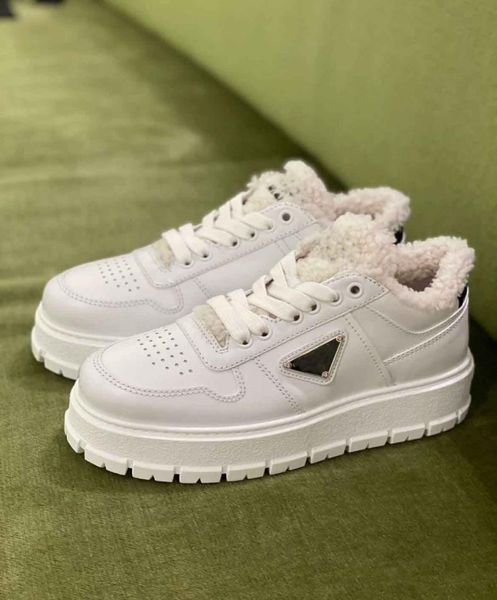 

winter comfort soft shearling sneakers shoes women enameled metal triangle white calf leather sports chunky rubber footwear walkin1442174, Black