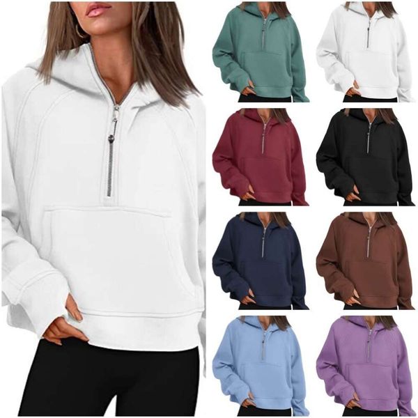 

crop hoodies for women lu hoodies womens lulu scuba hoodies oversized half zip cropped sweatshirts fleece gym sportswear with pockets thumb, Black