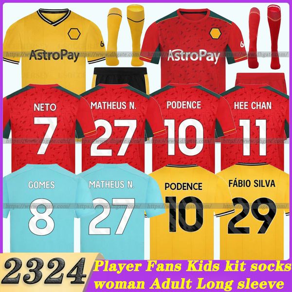 

23 24 sarabia wolves soccer jerseys matheus n neto guedes traore 2023 2024 wanderers podence lemina hee chan wolverhampton football shirts m, Black;yellow