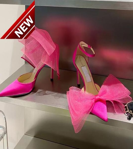 

luxury designer highheeled sandals rose pink vamp heel cross big bow fluorescent vamp pointed toe strap shoe box size 35426319076, Black