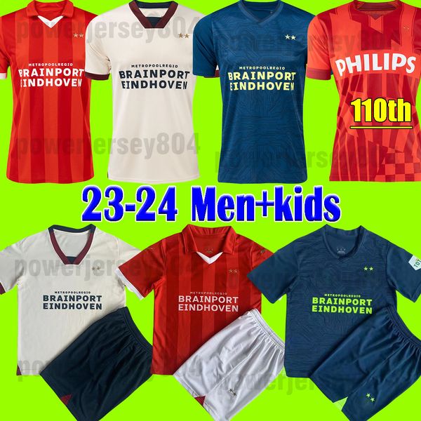 

pepi 23 24 eindhoven home red soccer jerseys psvs 2023 2024 hazard fabio silva away third blue football shirts men kids kit sets uniform 123, Black;yellow