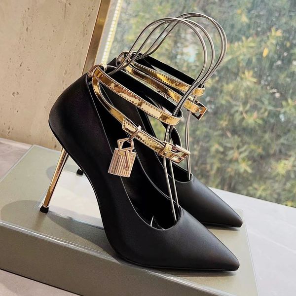 

fashionable brand dress shoes gold lock decoration women sandal casual leather 10cm high heel party ankle straps buckle genuine classic desi, Black