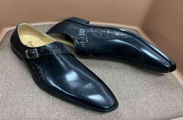

dres shoe fashion men monk strap shoe alligator print genuine cow leather handmade wedding office formal busines for men 2207236033163, Black