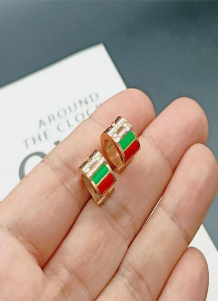 

rose gold titanium steel women hoop huggie earrings letter red and green fashion luxury ladies wedding gift for girlfriend jewelry9729941, Golden;silver