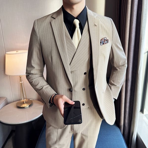 

mens suits blazers boutique blazer vest pants fashion business formal striped gentleman slim fit trend casual wedding 3piece set 230904, White;black