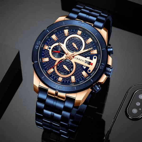 

curren business men watch luxury brand stainless steel wrist watch chronograph army military quartz watches relogio masculino306c, Slivery;brown