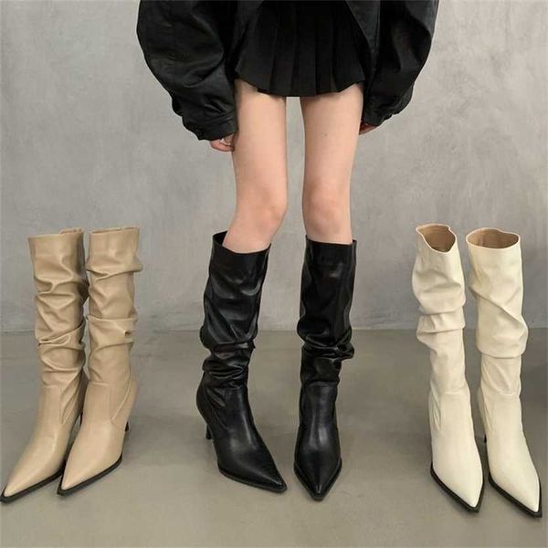 

women boots spicy girl pointed thin heel pleated stacked boots women's tall slender elastic leather over knee length knight 230830, Black