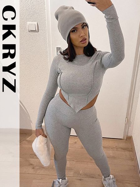 

womens two piece pants ladies autumn ribbed fashion 2 pieces long sleeve contrast stitch crop and set for women streetwear fall outfits 2309, White