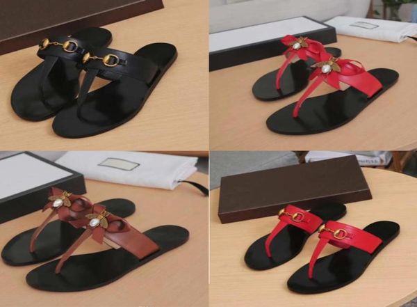 

brand designer women flip flops slipper summer slides sandals luxury women genuine leather metal bee lovely bow tie flat slippers 2209651, Black