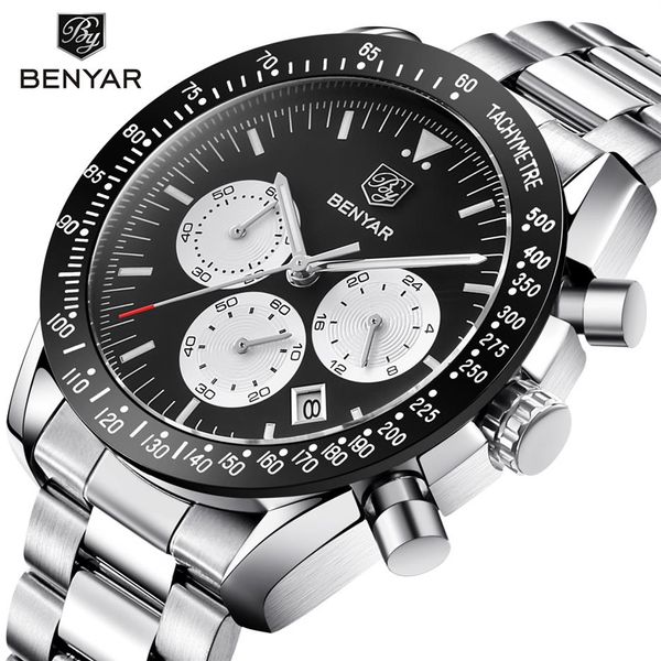 

benyar brand men sport chronograph watches all pointers work waterproof fashion steel stainless quartz watch drop black1968, Slivery;brown