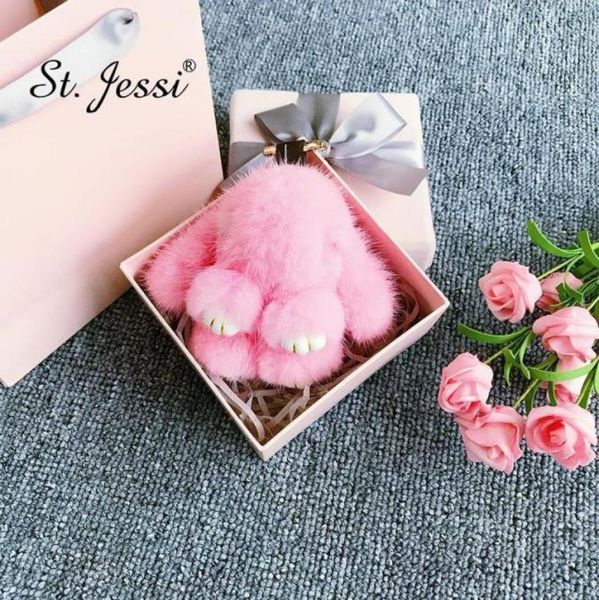 

fur keychain 10cm luxury real mink fur mini cute bunny rabbit bag charm holder pompon car keyring pendant accessories 2202285535839, Silver