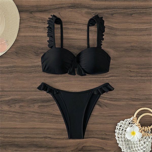 

black bikinis set lady swimwear ruffle trim spaghetti strap brazilian swimming costume low waist bathers spring swimsuit female beachwear be