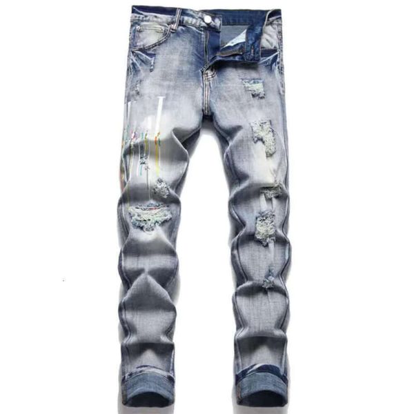

designer flared jeans stacked am jeans purple jeans man long pants trousers streetwear washed old jeans long jeans hole 28-4069220274, Blue