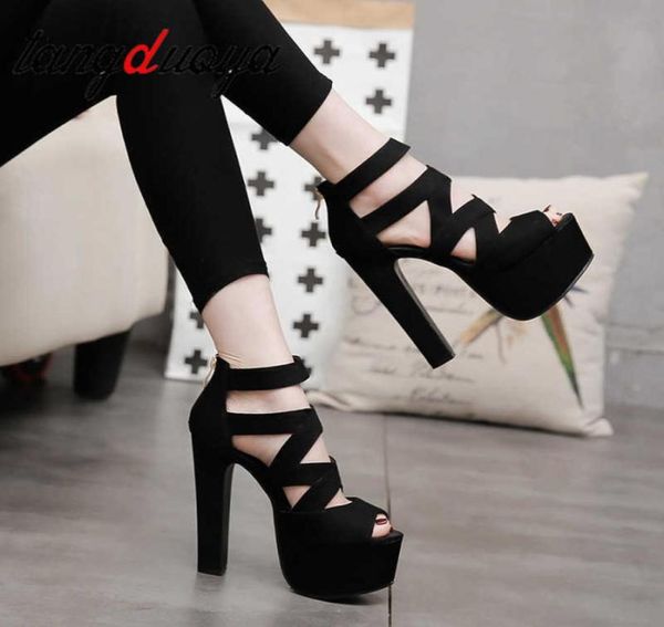 

women suede peep toe cross band platform chunky heel sandal black ladies ankle strap ultra high heel dressy sandal platform218810038