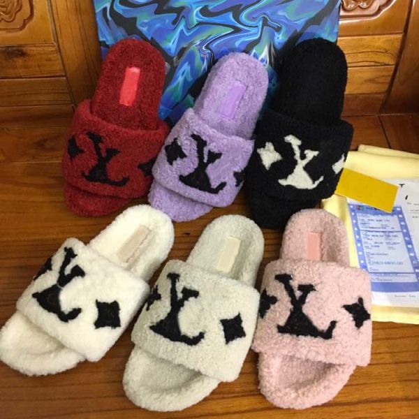 

deluxe slide designer slippers slipper fashion female wool wool sweet shoes warm comfort slippers women's slippers fall and winter slid, Black