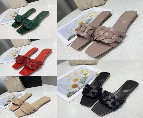 

brand new women tribute flat sandals shoes luxury woman fashion slipper smooth leather slide with intertwining straps sandalias6395400, Black