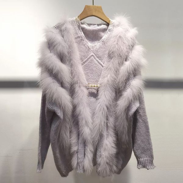 

womens fur faux autumn fashion warm knitted cardigan coat with real stripe female two pieces one sets knitwear jacket luxry outwear 230904, Black